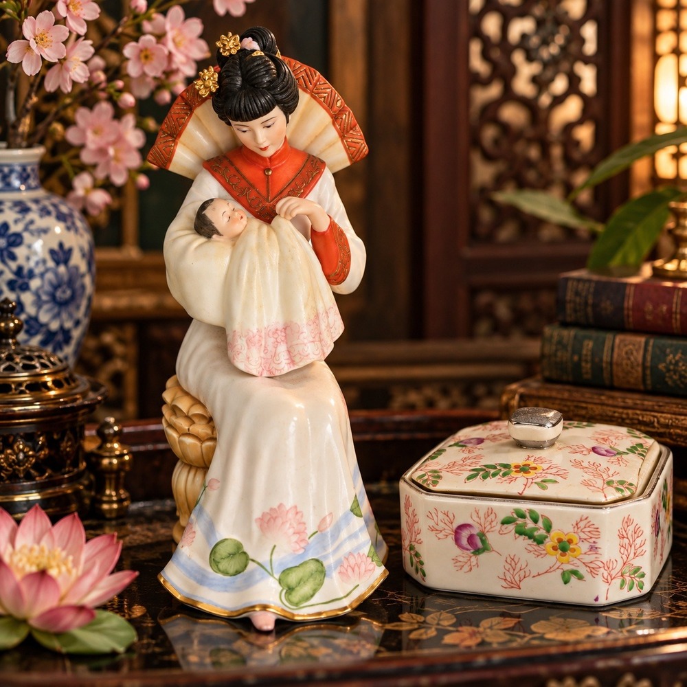 Vintage 1986 Guanyin Guardian Children Porcelain Figurine Chinese Goddess Lotus